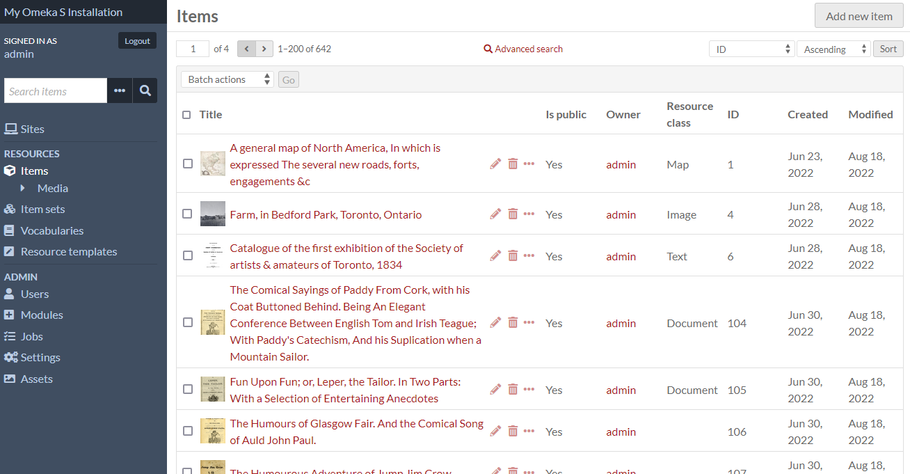 The Items page in the admin side, with the custom columns displayed as per the settings in the image above.