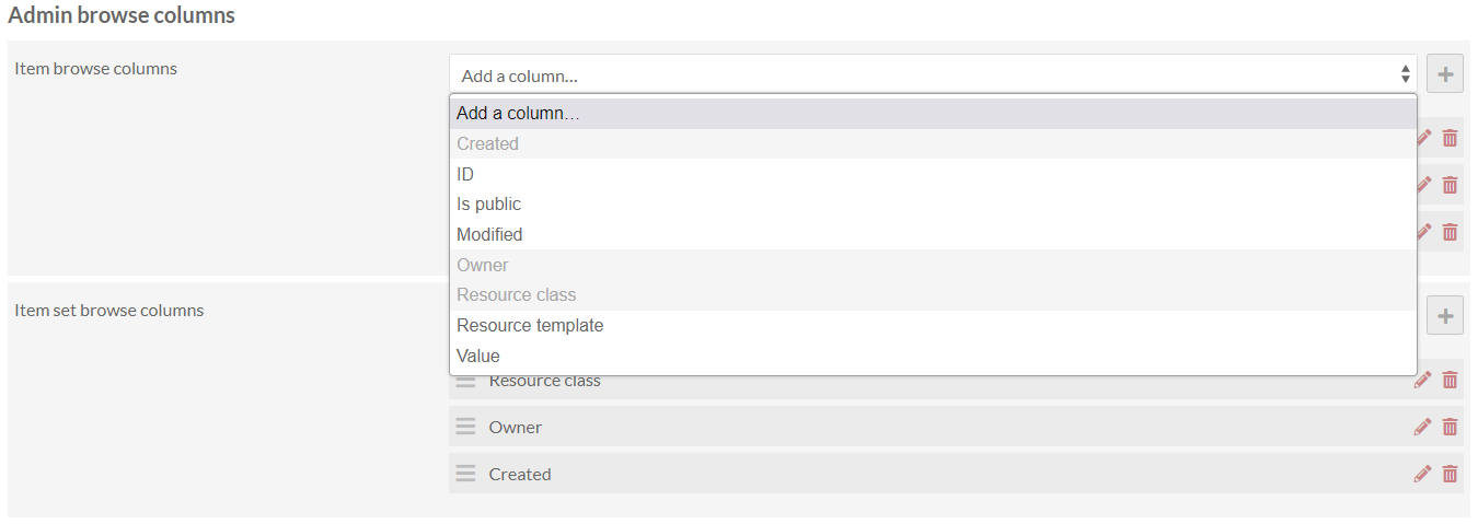 Admin browse column interface in the main interface area with the Add a column dropdown menu for the Item browse column open