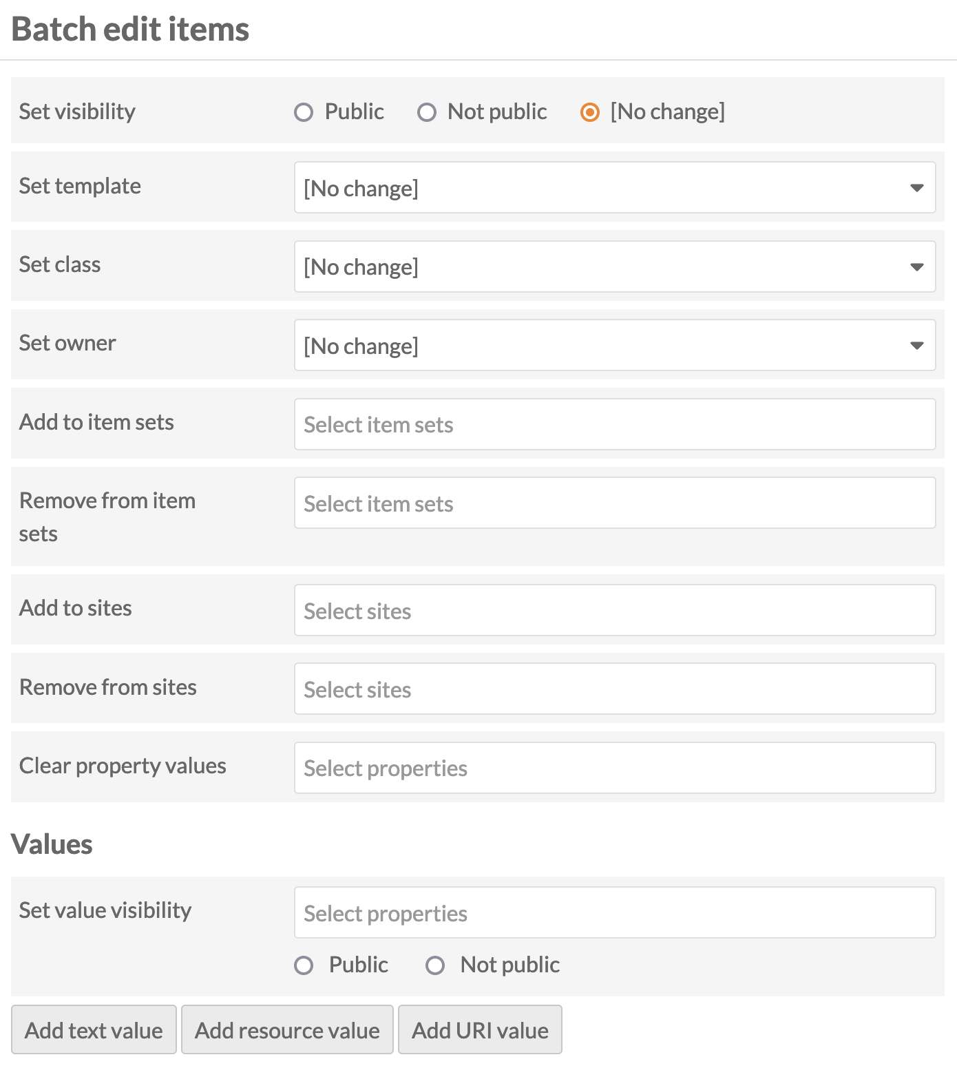 Batch edit items form, with options as described above. Everything is grayscale