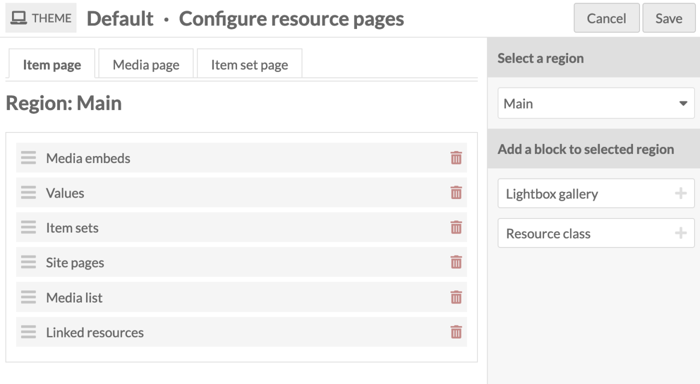 An item resource page configuration page of a newly-created site, with the default options enabled.
