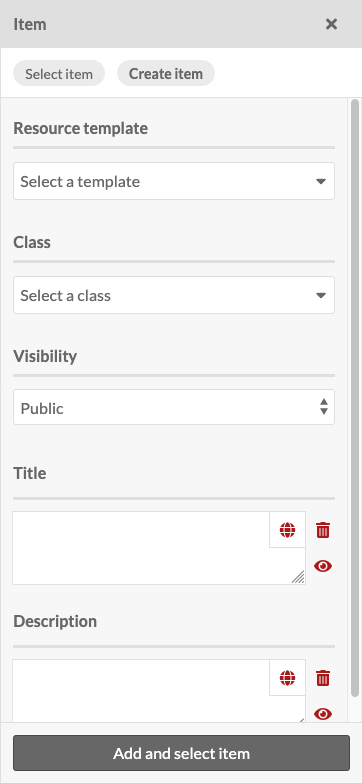 The item stub creation form is open in the drawer showing the dropdown selection for Resource Template, Class, and Visibility options, and the inputs for Title and Description