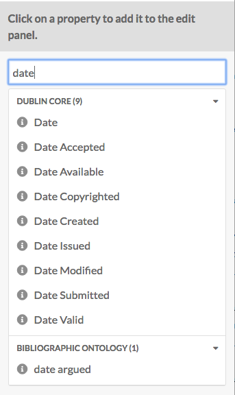 Close up of the right hand drawer with the text "date" entered into the filter properties box and a series of properties containing the word "date" loaded from Dublin Core and Bibliographic Ontology
