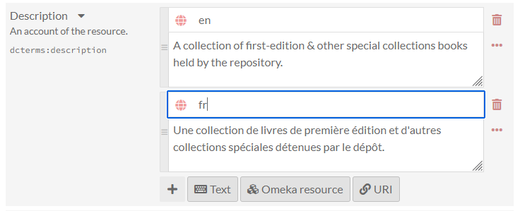 The description field with two entries, one in English and one in French, with the two-letter language codes and textual entries in each.
