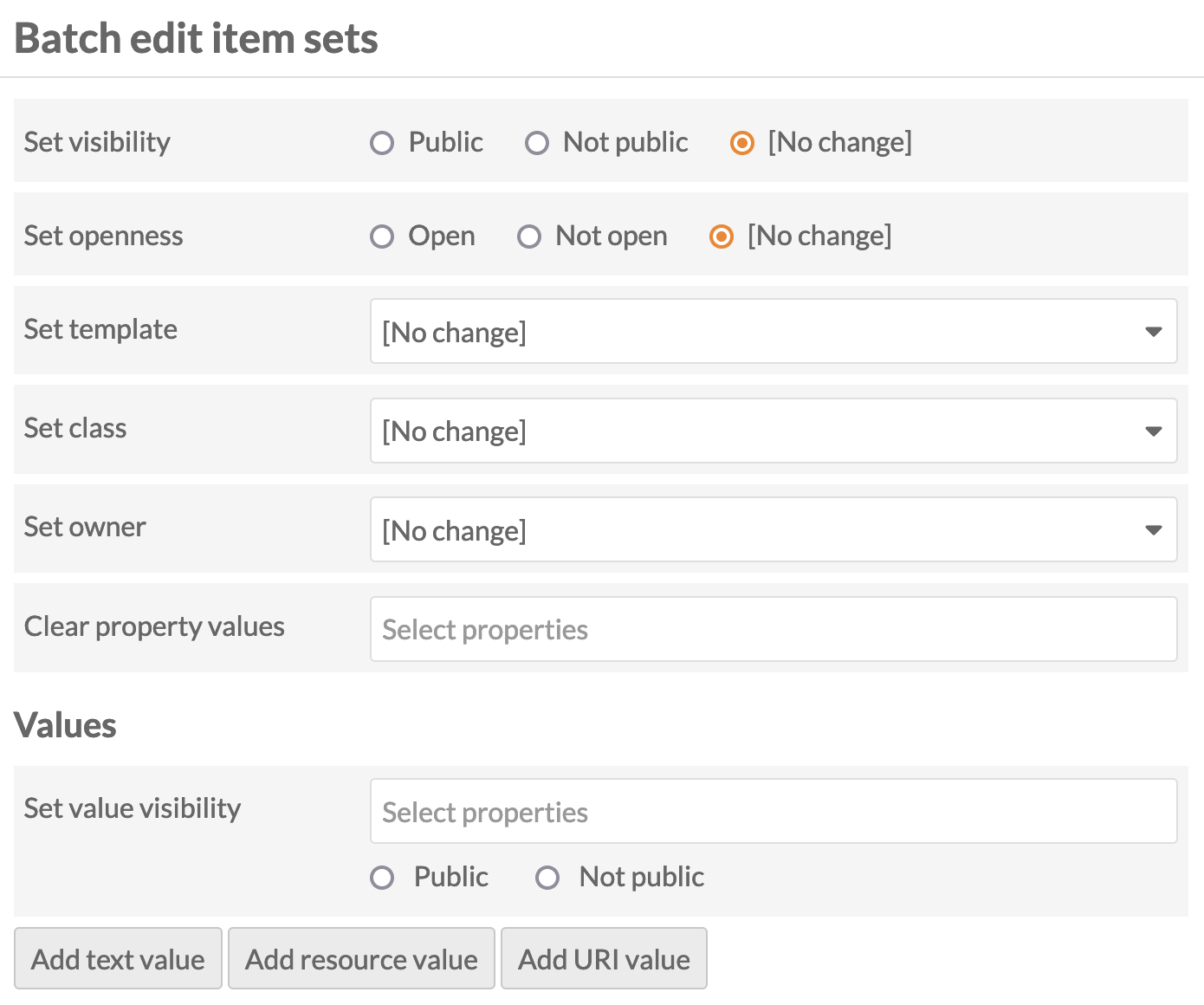 Batch edit items form, with options as described above.