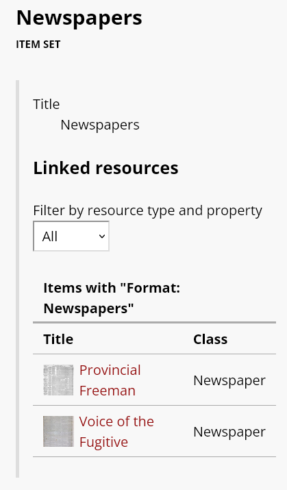 An item set display in the Default theme showing a number of Omeka items that link to the item set, as "Format"