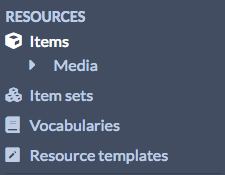 The Resources section of the navigation, with light blue text on a dark blue background. Below the option for items, indented, is a navigation option for Media. It has no representative icon, unlike the other options.