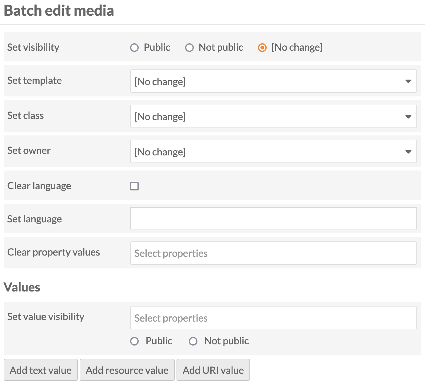 Batch edit media form, with options as described above.