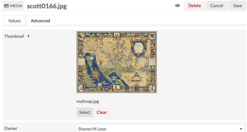 Edit media open to Advanced tab, where an asset which is an image of a map of the National Mall is in the main work area. Below it are buttons for Select and Clear
