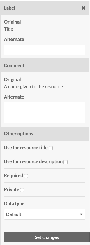 The property options drawer for Title with no changes made, options as described below