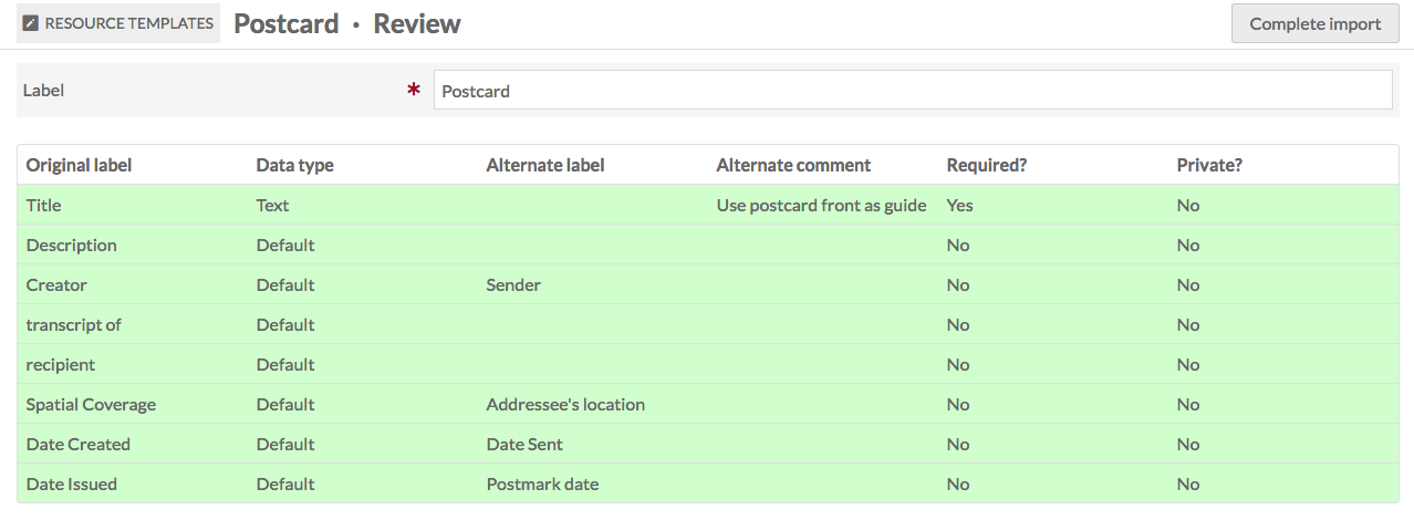 On the review imported template page, all the elements for the reviewed import are highlighted green.