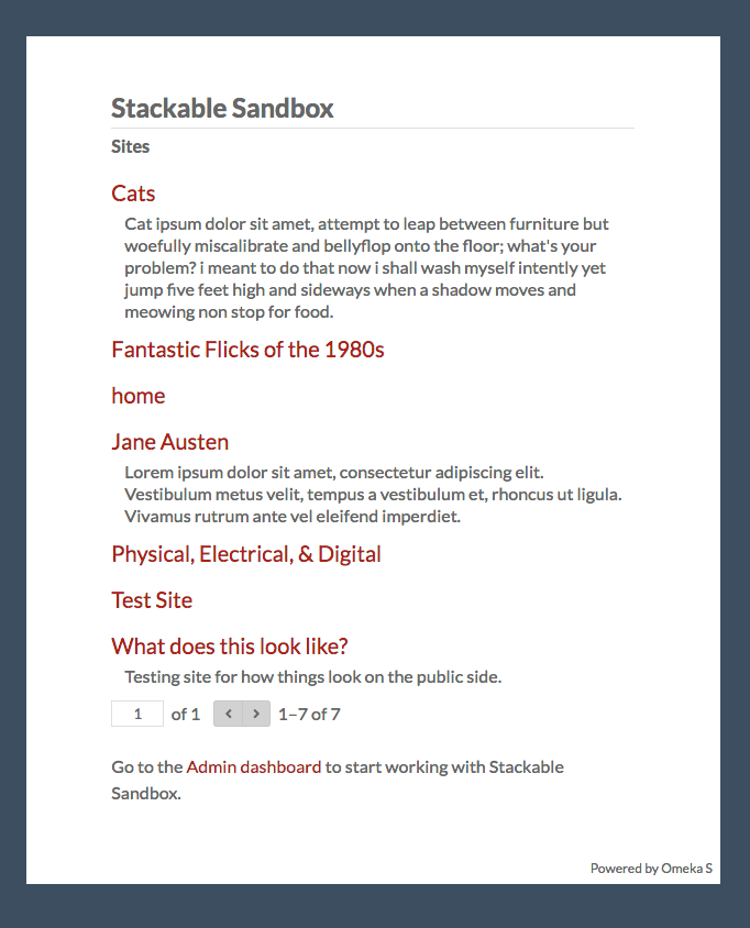 Installation front page for the "Stackable Sandbox" showing seven sites, three of which have summaries.
