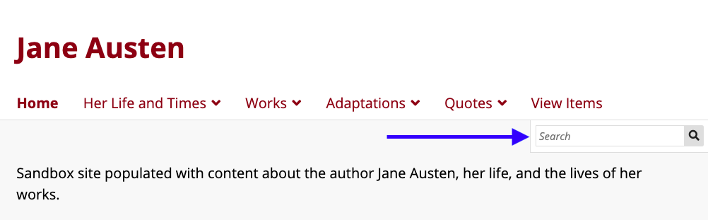 Homepage of the Jane Austen site, with a blue arrow pointing to the search bar below the main navigation menu