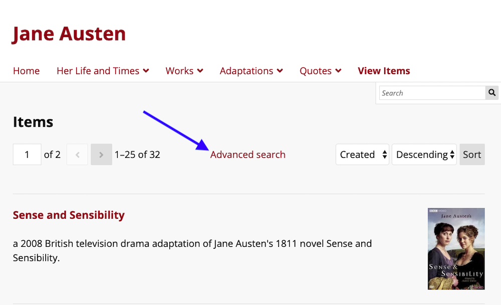 The Items page of the Jane Austen site, with a blue arrow pointing to the link for Advanced search