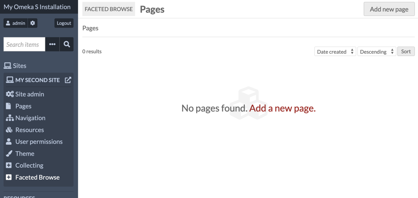 Site admin showing Faceted Browse startup page.
