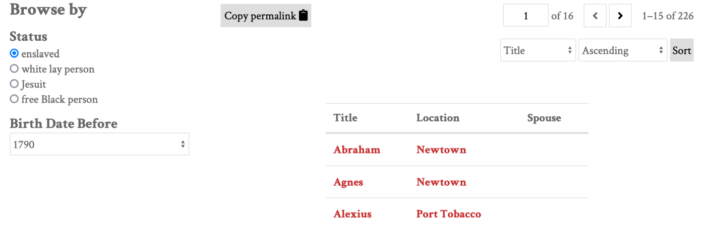Public Faceted Browse page with radio button selects for a list of Status values and a "Birth Date Before" dropdown menu in the left column. In the right column is a table of items with information for Title, Location, and Spouse