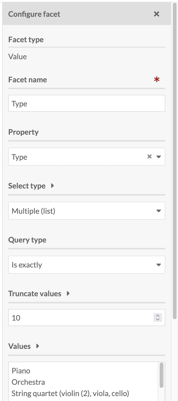 Configure Facet drawer for the Values facet type.