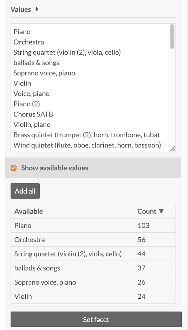 Configure Facet draw for the Values facet type, as listed in the section below.