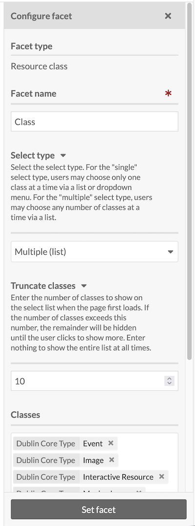 Configure Facet drawer for the Values facet type.