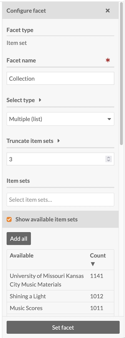 Configure Facet drawer for the Values facet type.