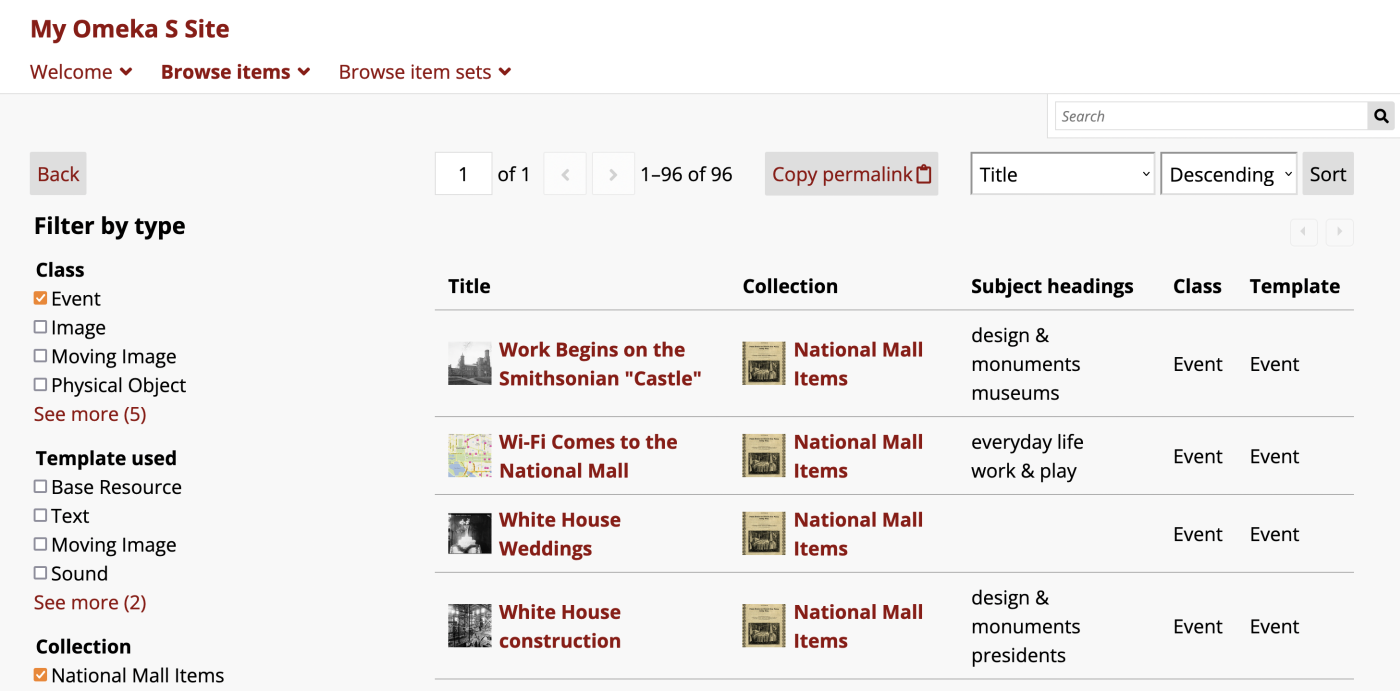 Faceted browse page with a list of events that happened on the National Mall. On the left side of the image is a list of eras with radio buttons.