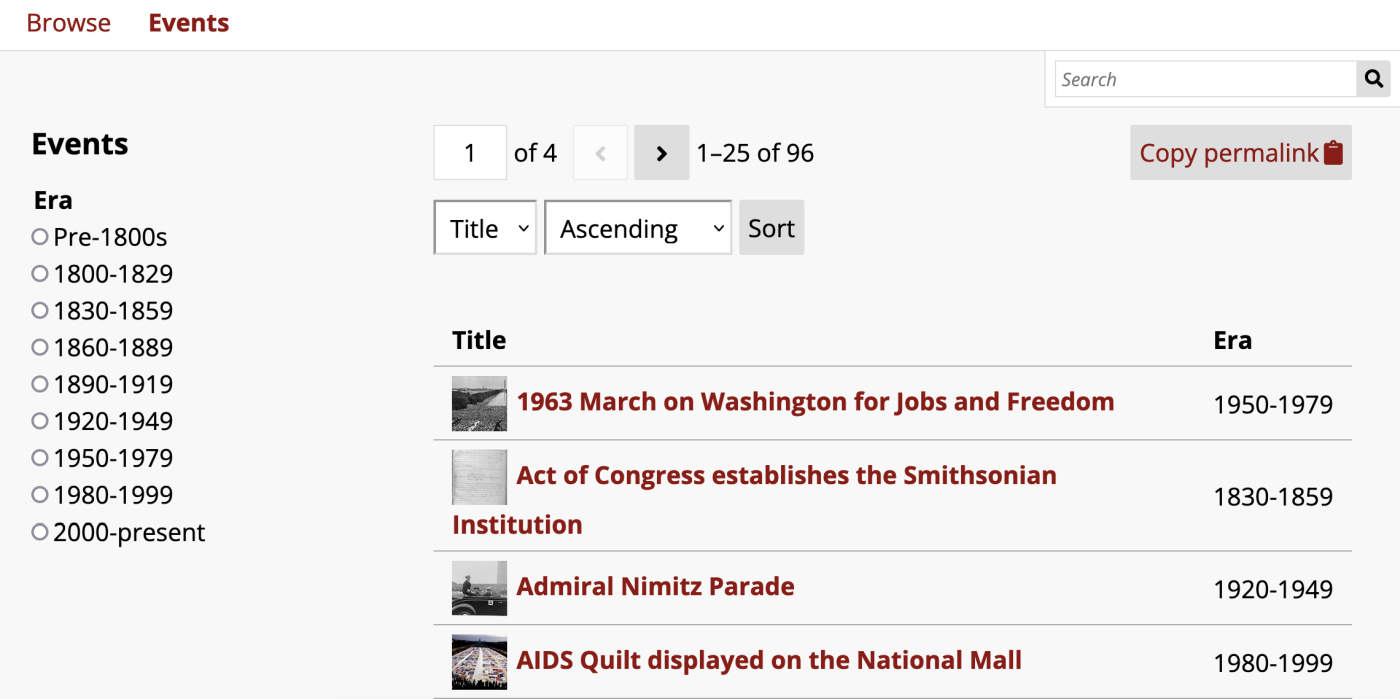Faceted browse page with a list of events which happened on the National Mall. On the left side of the image is a list of eras with radio buttons.
