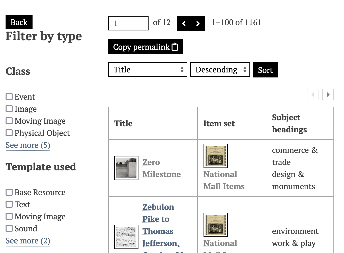 Faceted Browse page with the results table displaying left and right arrows to view columns that are not visible at the current page width.