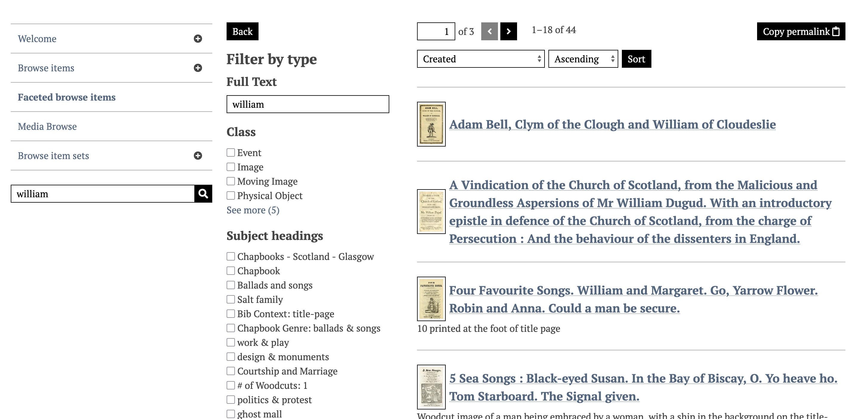 A text search for "william" has loaded the Faceted Browse page with "william" also appearing in the full-text facet in the sidebar.
