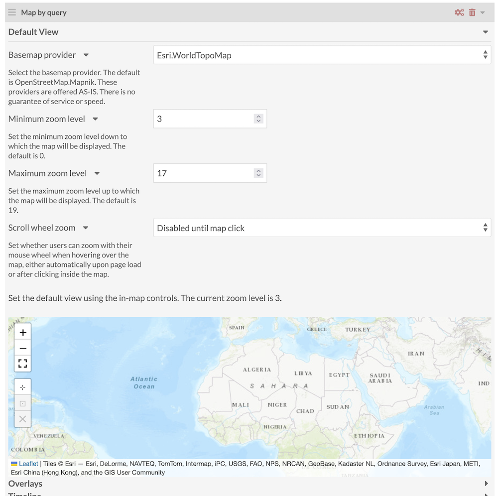 Map by attachments block open to Default Settings. There is no information in any field, and the preview map is zoomed in to level 2