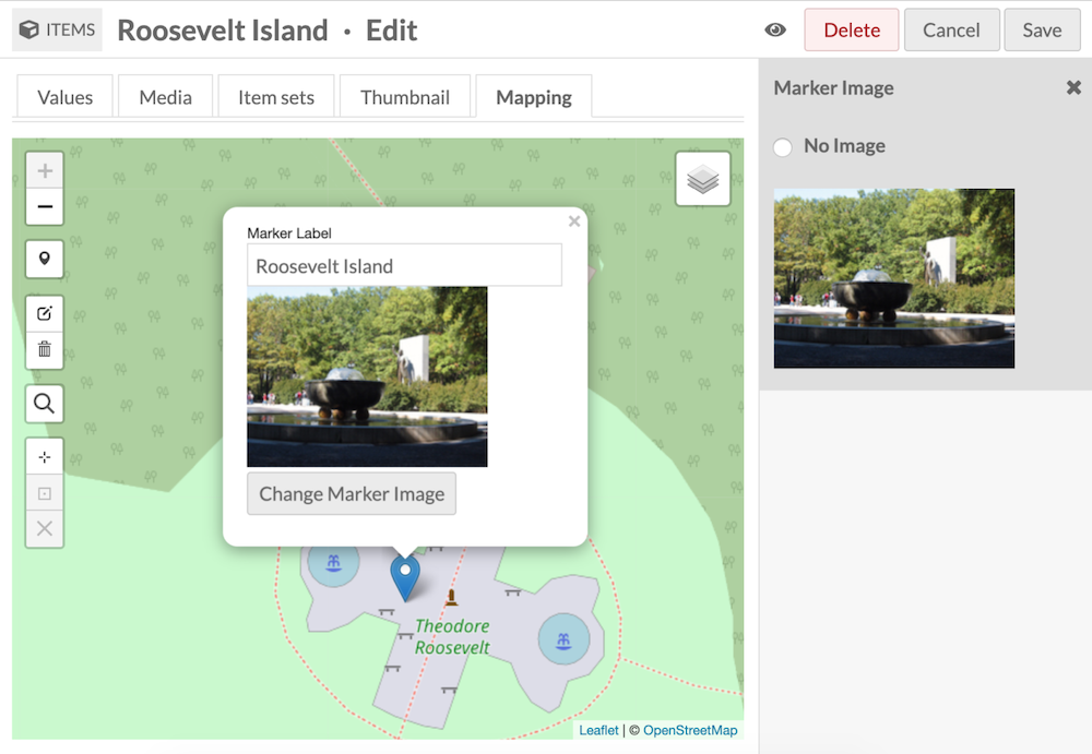 Marker selected with Image added. The media is also visible in the sidebar, along with an option for "No Image"