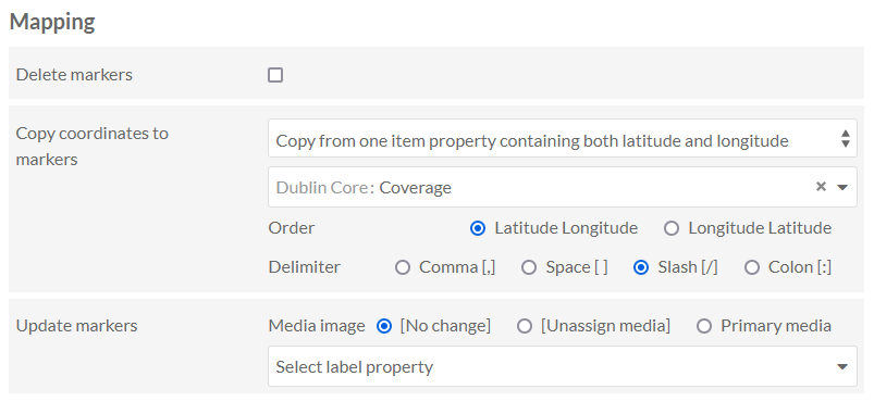 The map-specific batch-editing field, filled out to copy "Latitude/Longitude" values from dcterms:coverage of each item.