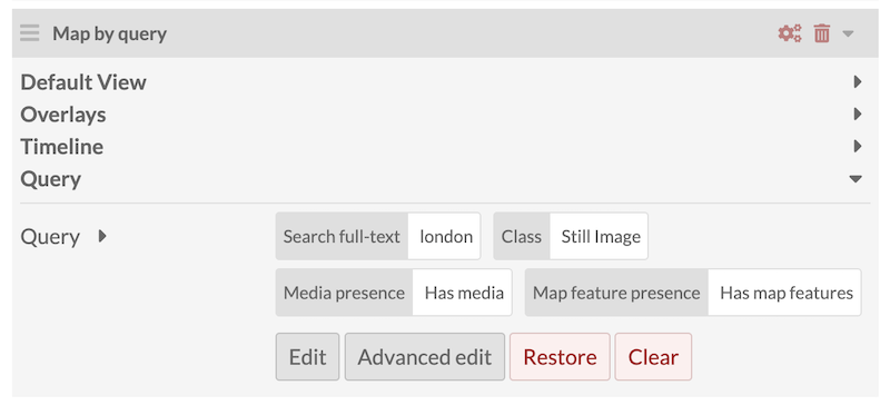 A map by query block open to the Query section. Multiple search parameters are showing.