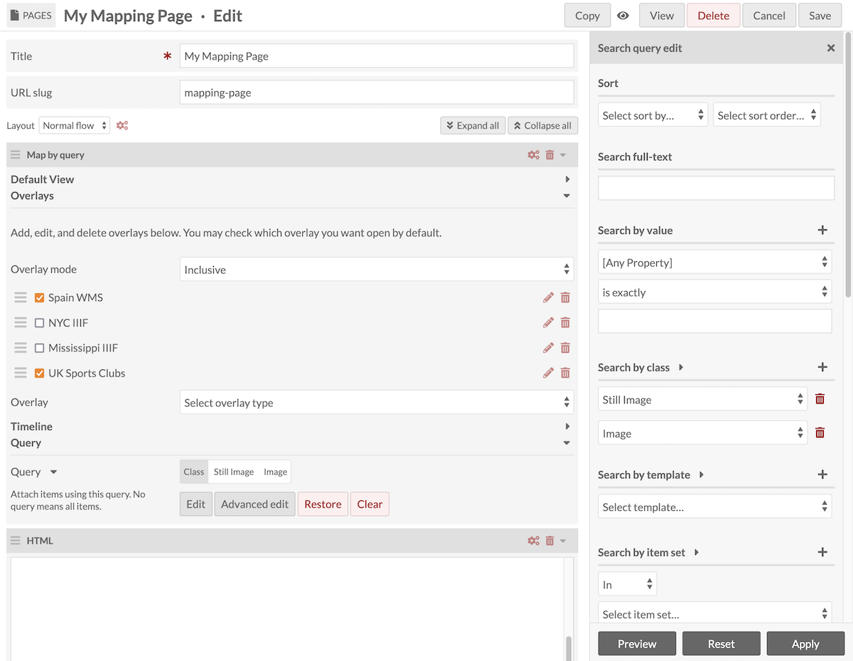 The map by query block showing a query for "Has map features", with the sidebar open to the searh query edit interface.