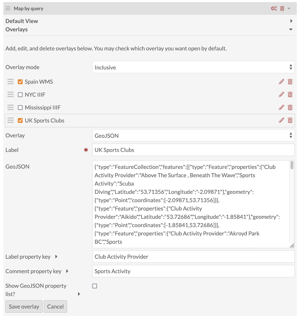 The admin side of a page being edited, showing the "GeoJSON" section filled out with information.