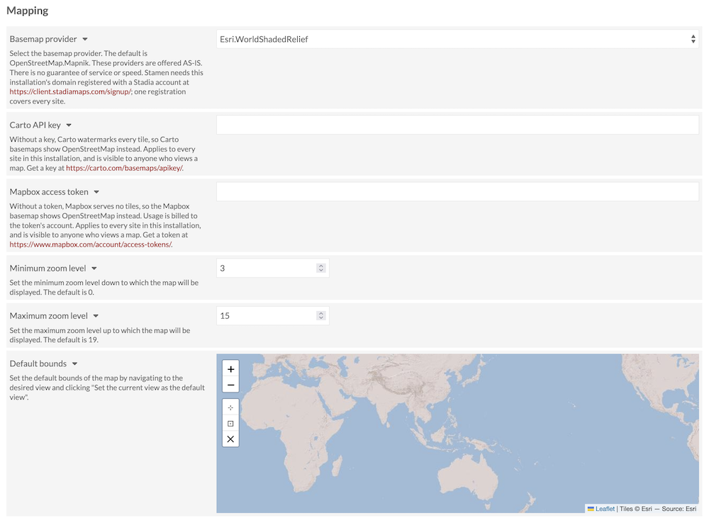 The Mapping section of the installation-wide settings tab.