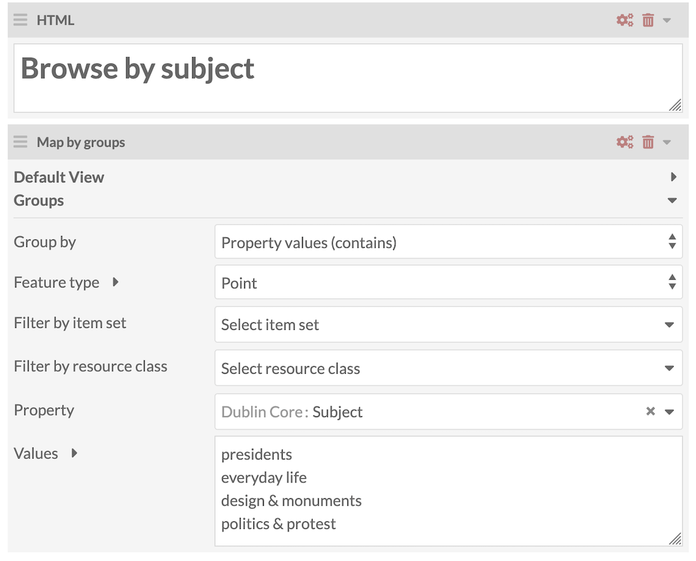 A map by group block on the admin side, with "Group by property values (contains)" selected.
