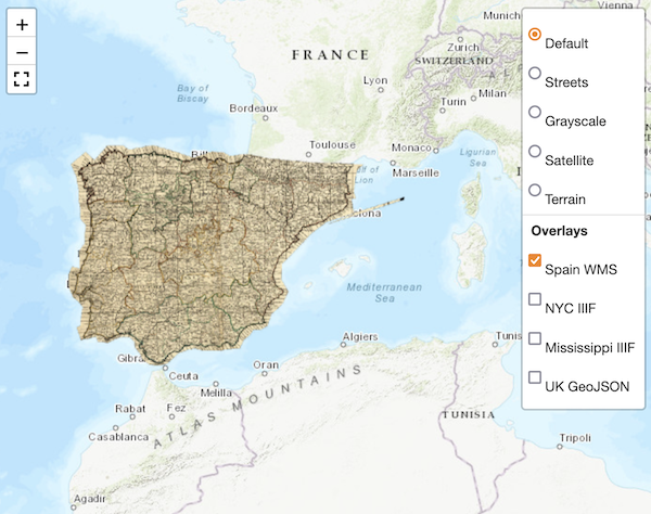 A small map with an overlay visible, a historical map of Spain. The overlays menu is open in the map showing four overlays are available.