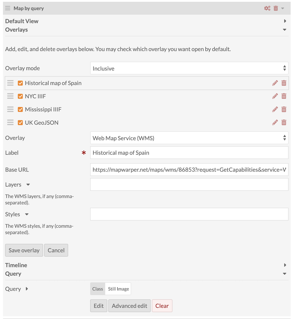 A "Map by query" page block with the Overlays section open. Four overlays already exist, and one - a WMS overlay - is open for editing.