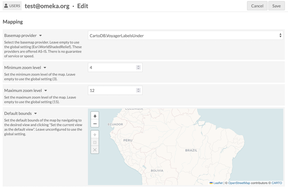 The user settings tab scrolled down to the Mapping subsection.