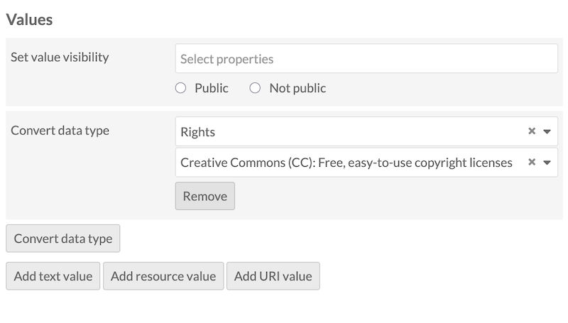 The batch-editing screen showing the "Convert data type" option expanded with the "Rights" property in the first selection and "Creative Commons" in the second selection.