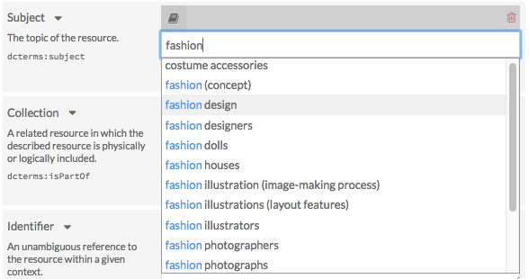 Item property Subject with "fashion" typed in the field. A dropdown menu auto-suggests terms, including "fashion design," which is selected.