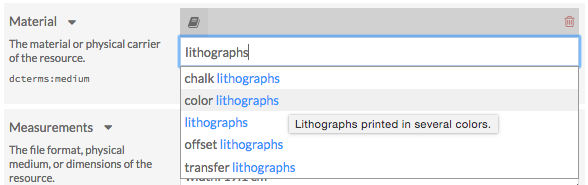 Item property Material with "lithograph" typed in the field. A dropdown menu auto-suggests terms, including "color lithographs," which is selected. Helper text in a small overlaid window reads, "Lithographs printed in several colors."