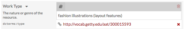 Item property Work Type with "Fashion Illustrations (layout features)" selected. Below, in red is a hyperlink to Getty Collections, with a small red "X".