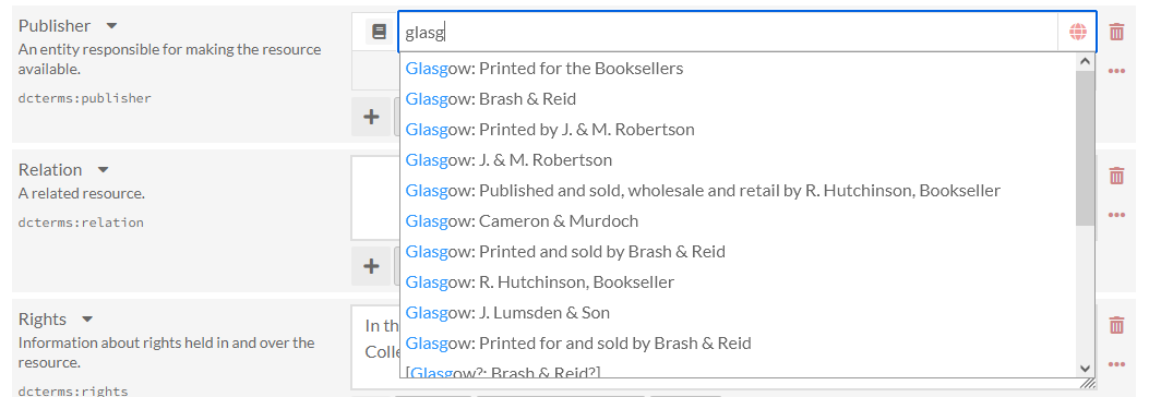 A screenshot of the Publisher field being used to suggest several options from other items that start with "Glasg".