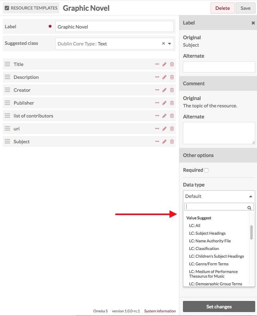 Editing the property subject, and the dropdown is open to show the Value Suggest vocabularies from the Library of Congress