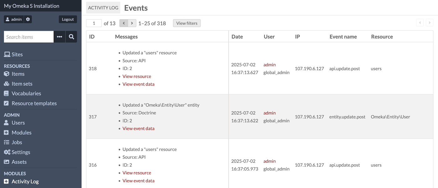The table of events in the Activity Log module.