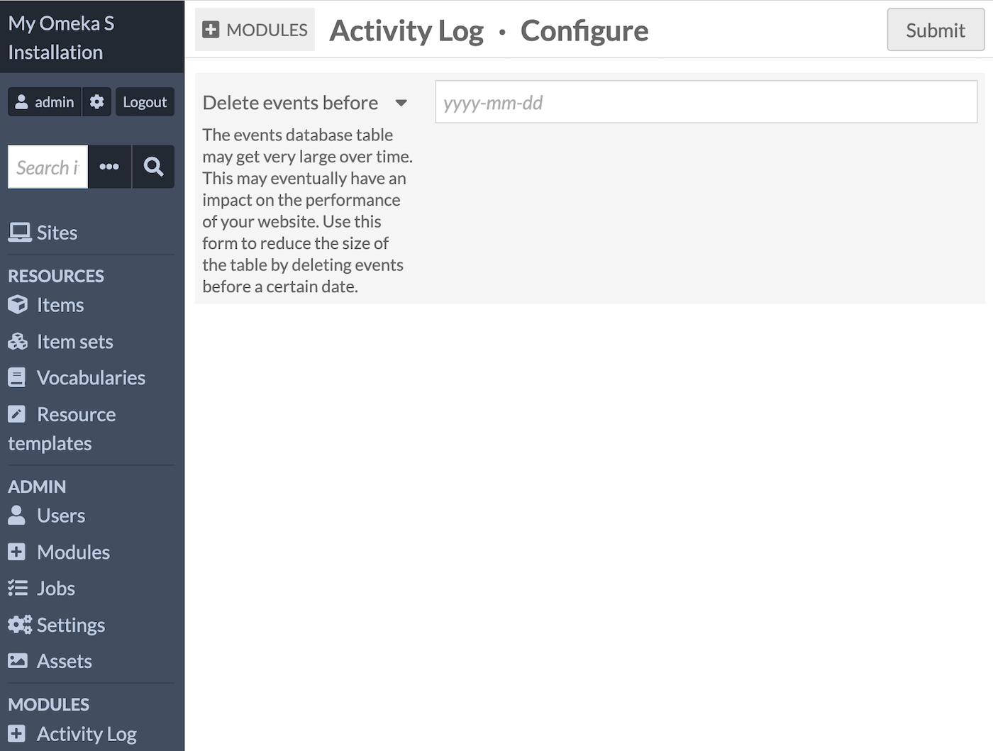 The configuration page for Activity Log, with the option to delete events occurring before an entered date.