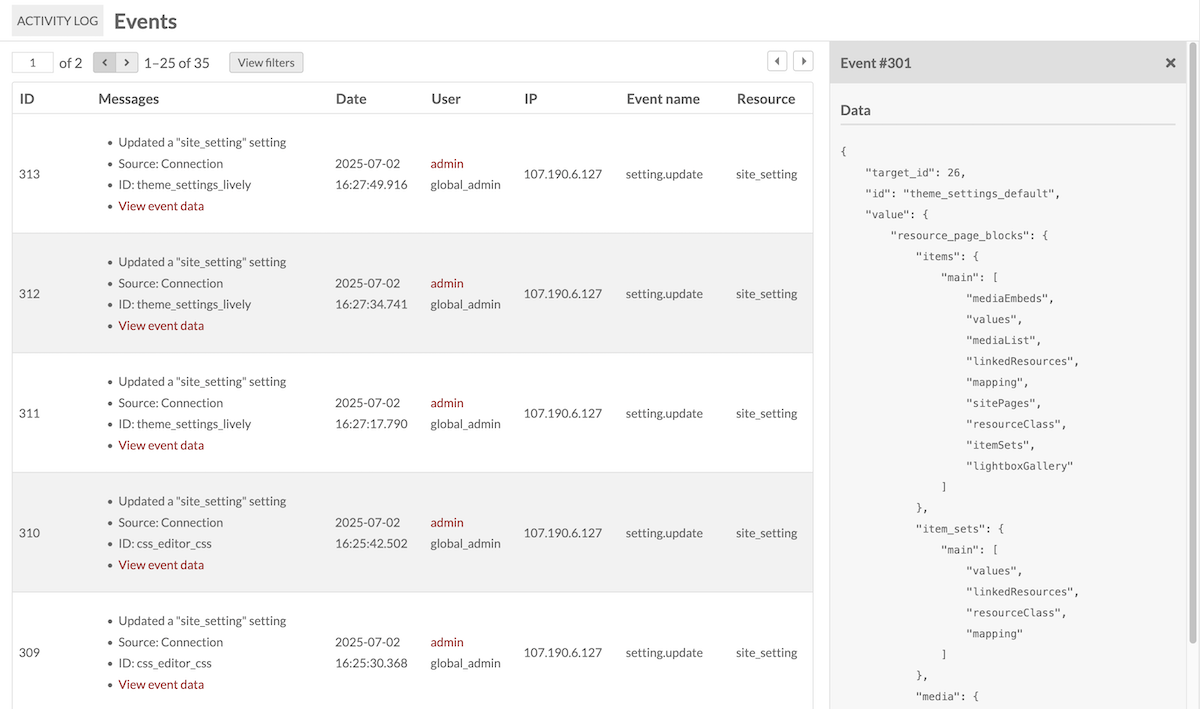 The table of events in the Activity Log module, with event data shown in the right-hand drawer.