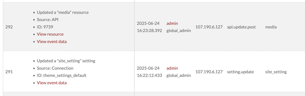 The table of events in the Activity Log module, with event data shown in the right-hand drawer.