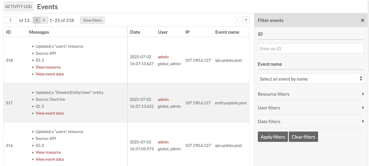 The table of events in the Activity Log module, with the right-hand drawer showing the Filtering options for the table.