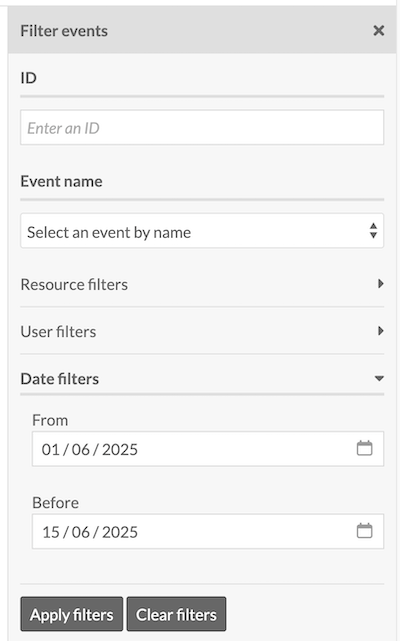 The table of events in the Activity Log module, with the right-hand drawer showing the date filtering options for the table.